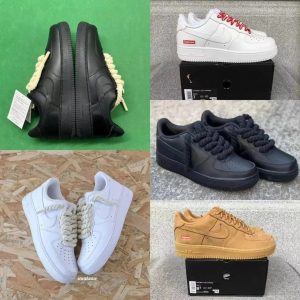 Collage of Nike Air Force 1 sneakers in black, white, and tan colorways, some with Supreme branding.