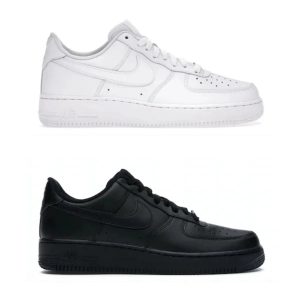 White and black Nike Air Force 1 sneakers side-by-side